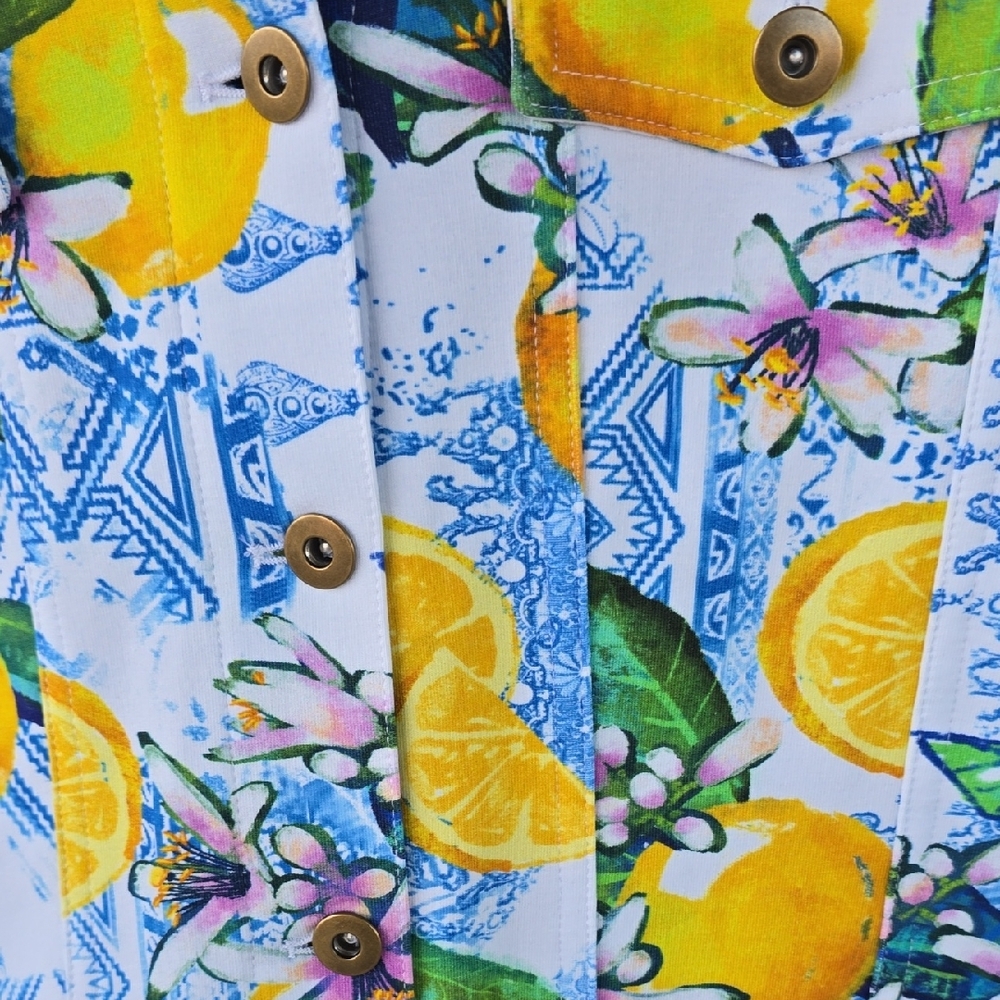 Ali Miles Lemon Floral Print Women's Shirt Jacket Size Large Yellow Blue White - Picture 9 of 16